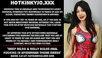 Amateur Takes On A Deep Dildo And Belly Bulge In Spiderman-Themed Dress